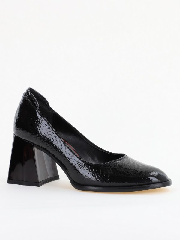 Incaltaminte Dama - Pantofi cu Toc Gros Piele Ecologica Texturată Varf Rotund culoare Negru lucios(BS6122AY2401553)