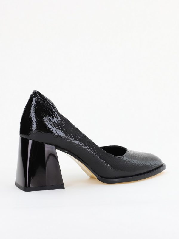 Pantofi cu Toc Gros Piele Ecologica Texturată Varf Rotund culoare Negru lucios(BS6122AY2401553) 6