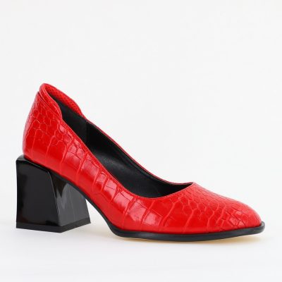Incaltaminte Dama - Pantofi cu Toc Gros Piele Ecologica Texturată Varf Rotund culoare Rosu (BS612CAY2401563)