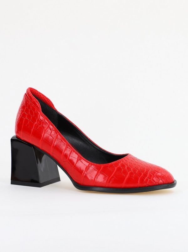 Incaltaminte Dama - Pantofi cu Toc Gros Piele Ecologica Texturată Varf Rotund culoare Rosu (BS612CAY2401563)