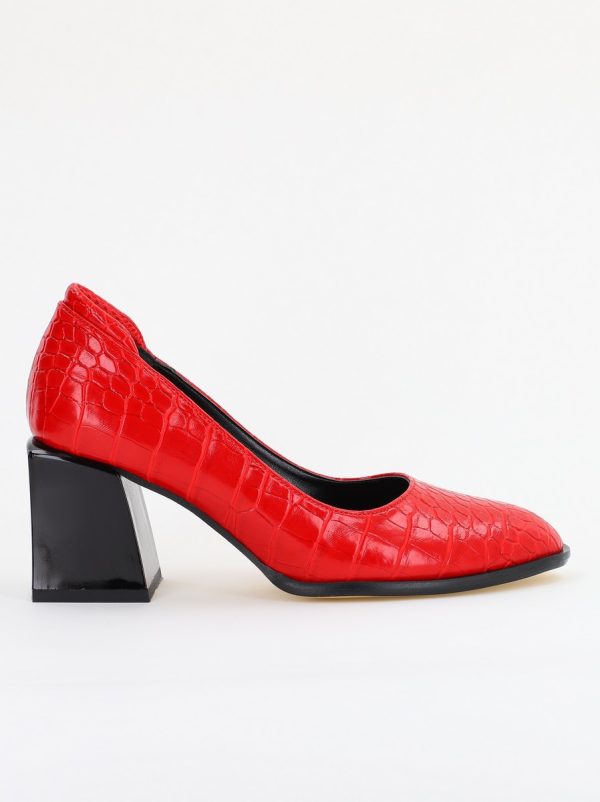 Pantofi cu Toc Gros Piele Ecologica Texturată Varf Rotund culoare Rosu (BS612CAY2401563) 5