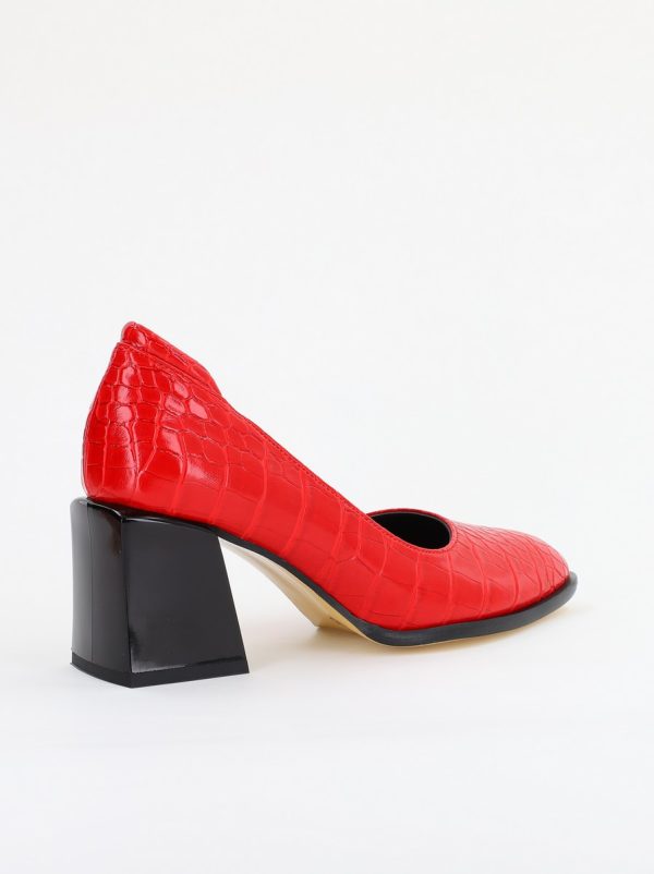 Pantofi cu Toc Gros Piele Ecologica Texturată Varf Rotund culoare Rosu (BS612CAY2401563) 6