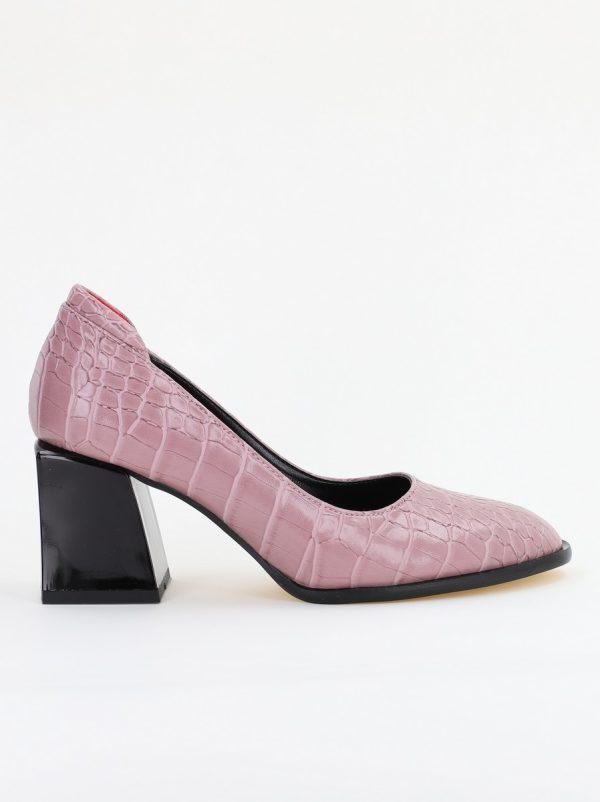 Pantofi cu Toc Gros Piele Ecologica Texturată Varf Rotund culoare Roz (BS612CAY2401560) 4