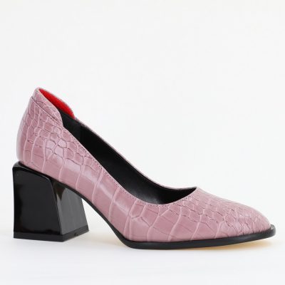 Incaltaminte Dama - Pantofi cu Toc Gros Piele Ecologica Texturată Varf Rotund culoare Roz (BS612CAY2401560)