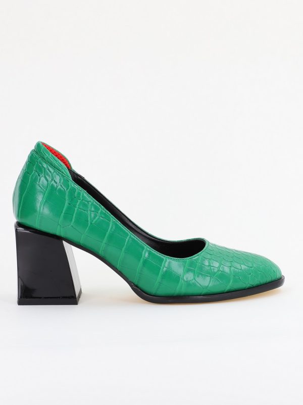 Pantofi cu Toc Gros Piele Ecologica Texturată Varf Rotund culoare Verde (BS612CAY2401561) 174