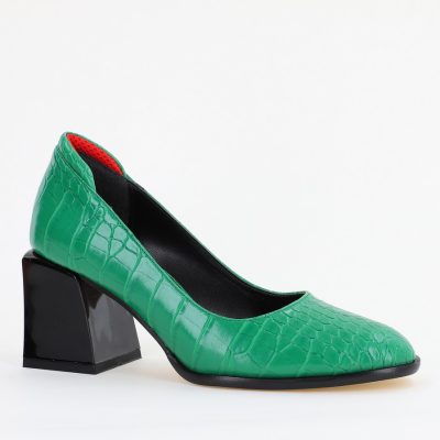 Incaltaminte Dama - Pantofi cu Toc Gros Piele Ecologica Texturată Varf Rotund culoare Verde (BS612CAY2401561)