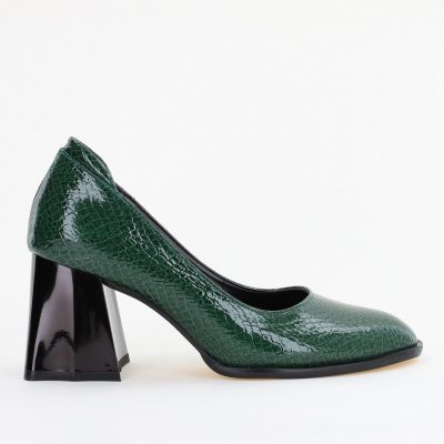 Pantofi cu Toc Gros Piele Ecologica Texturată Varf Rotund culoare Verde lucios(BS6122AY2401554)