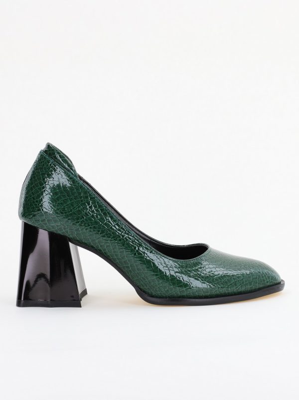 Pantofi cu Toc Gros Piele Ecologica Texturată Varf Rotund culoare Verde lucios(BS6122AY2401554) 4