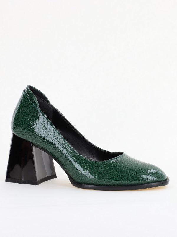 Incaltaminte Dama - Pantofi cu Toc Gros Piele Ecologica Texturată Varf Rotund culoare Verde lucios(BS6122AY2401554)