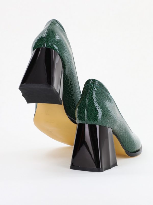 Pantofi cu Toc Gros Piele Ecologica Texturată Varf Rotund culoare Verde lucios(BS6122AY2401554) 8