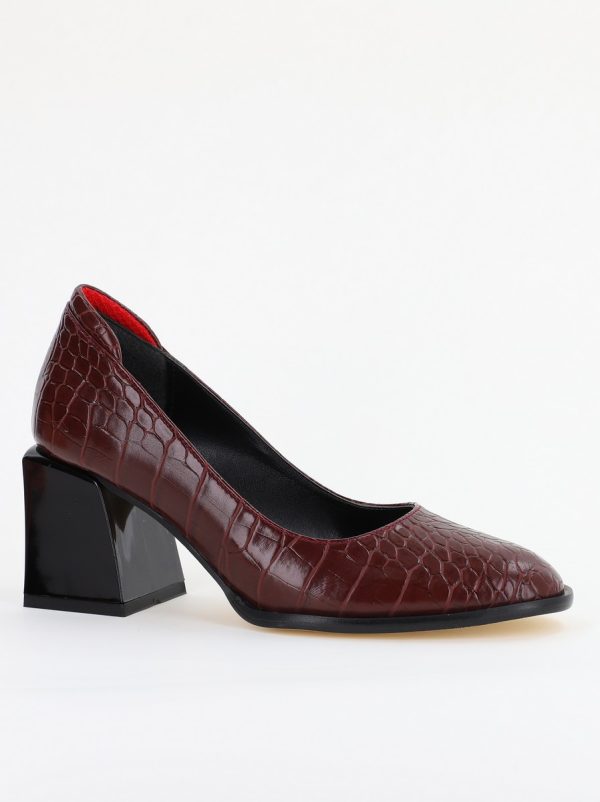 Incaltaminte Dama - Pantofi cu Toc Gros Piele Ecologica Texturată Varf Rotund culoare Vișiniu(BS612CAY2401564)
