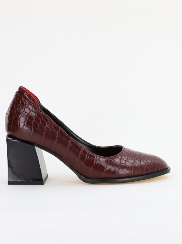Pantofi cu Toc Gros Piele Ecologica Texturată Varf Rotund culoare Vișiniu(BS612CAY2401564) 176