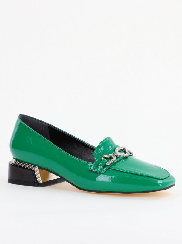 Incaltaminte Dama - Pantofi cu Toc jos Eleganti Ornamente cu Pietricele din Piele Ecologica Verde Lucios - BS152BA2401519