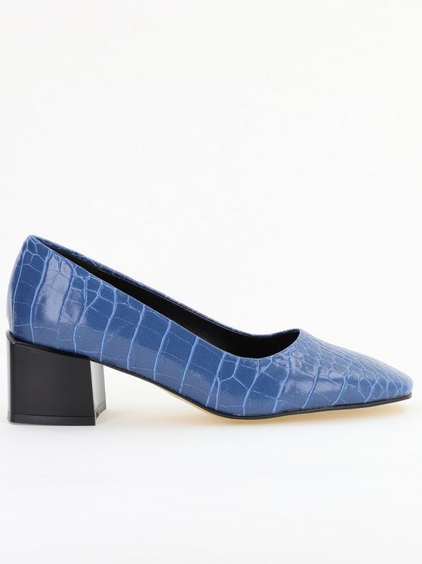 Pantofi cu Toc Mic din Piele Ecologica Texturata culoare Albastru- BS127CAY2401548 4