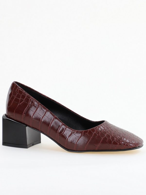 Incaltaminte Dama - Pantofi cu Toc Mic din Piele Ecologica Texturata culoare Bordo - BS127CAY2401550