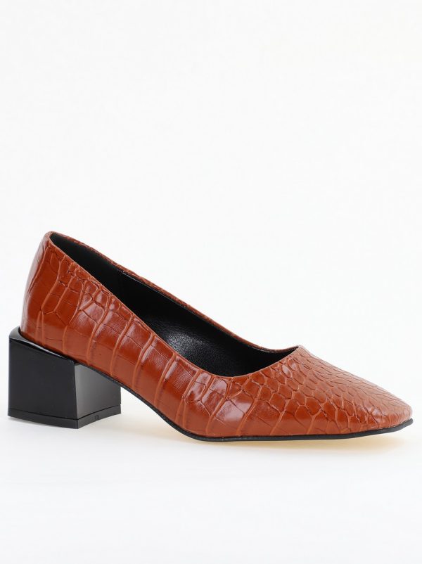 Pantofi cu Toc Mic din Piele Ecologica Texturata culoare Maro - BS127CAY2401552