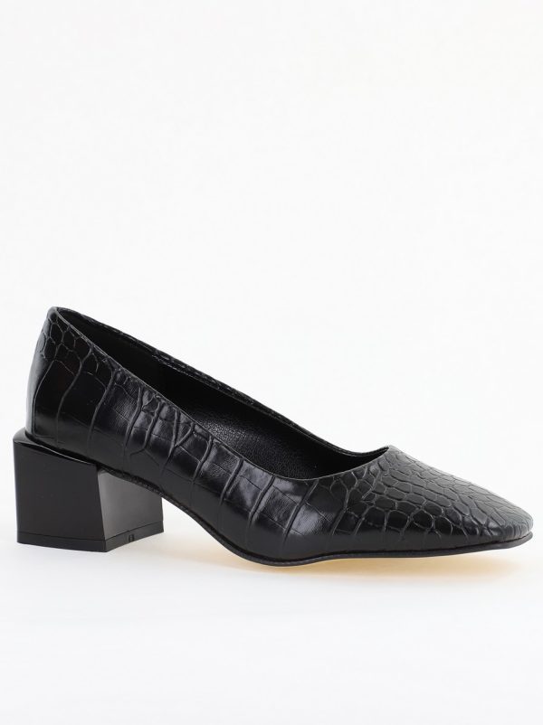 Incaltaminte Dama - Pantofi cu Toc Mic din Piele Ecologica Texturata culoare Negru - BS127CAY2401542