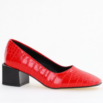 Incaltaminte Dama - Pantofi cu Toc Mic din Piele Ecologica Texturata culoare Rosu- BS127CAY2401547