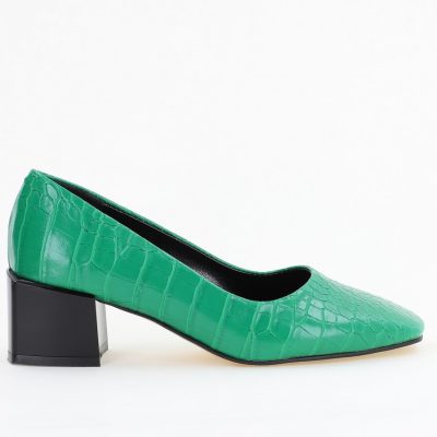 Pantofi cu Toc Mic din Piele Ecologica Texturata culoare Verde - BS127CAY2401549