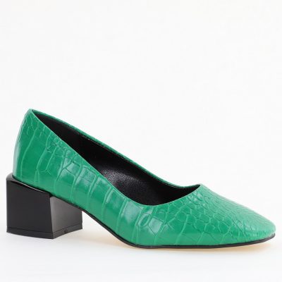 Incaltaminte Dama - Pantofi cu Toc Mic din Piele Ecologica Texturata culoare Verde - BS127CAY2401549