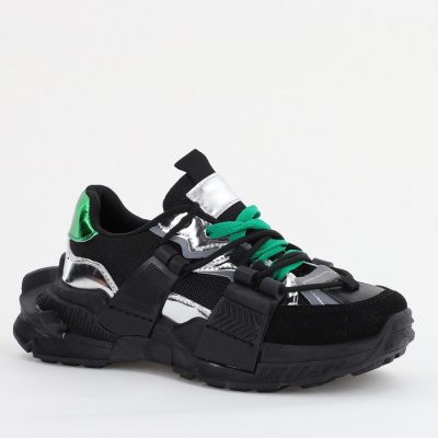 Pantofi Sport Dama - Pantofi sport damă cu elemente design reflectorizante Negru cu verde (BS302EV2401624)