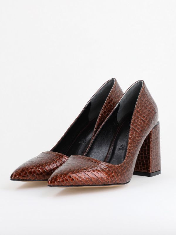Pantofi Damă cu Toc Gros din Piele Ecologică texturată Maro Bronz BS02AY2402737 8