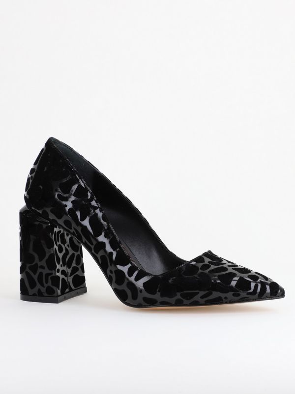 Incaltaminte Dama - Pantofi Damă cu Toc Gros din Piele Ecologică texturată Negru pătat BS02AY2402739