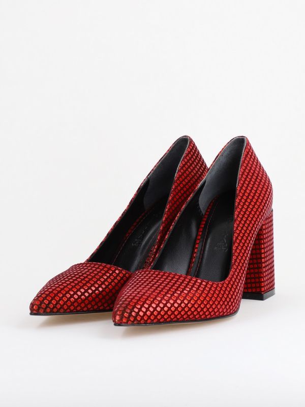Pantofi Damă cu Toc Gros din Piele Ecologică texturată Roșu punctat BS02AY2402740 8