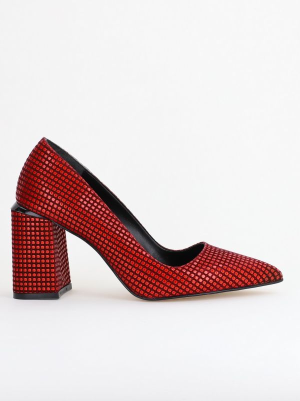 Pantofi Damă cu Toc Gros din Piele Ecologică texturată Roșu punctat BS02AY2402740 9