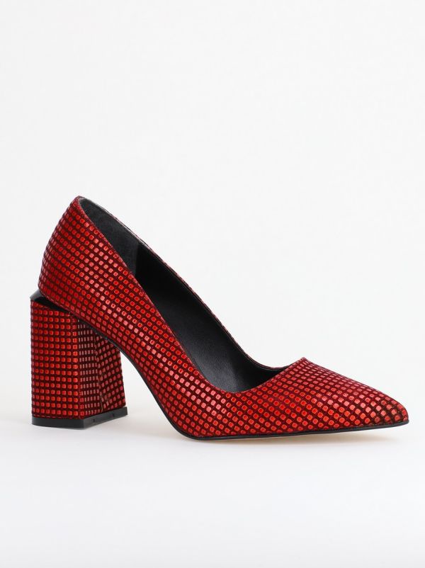 Incaltaminte Dama - Pantofi Damă cu Toc Gros din Piele Ecologică texturată Roșu punctat BS02AY2402740