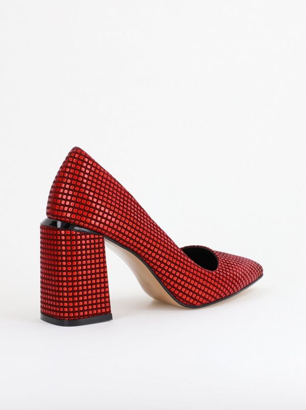 Pantofi Damă cu Toc Gros din Piele Ecologică texturată Roșu punctat BS02AY2402740 11
