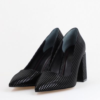 Pantofi Damă cu Toc Gros din Piele Ecologică texturată Negru punctat BS02AY2402741