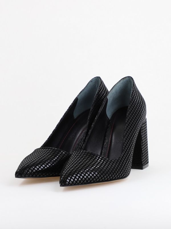 Pantofi Damă cu Toc Gros din Piele Ecologică texturată Negru punctat BS02AY2402741 6