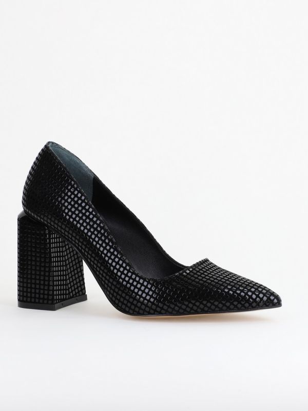 Incaltaminte Dama - Pantofi Damă cu Toc Gros din Piele Ecologică texturată Negru punctat BS02AY2402741