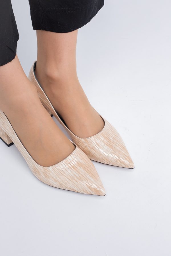 Pantofi Damă cu Toc Gros din Piele Ecologică texturată bej (BS51AY2402713) 9