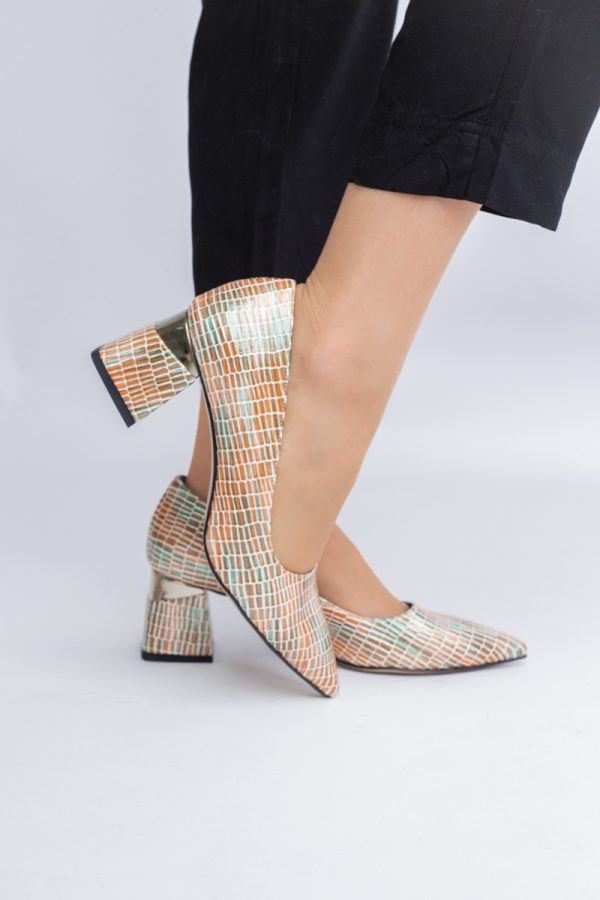 Pantofi Damă cu Toc Gros din Piele Ecologică texturată verde(BS51AY2402707) 5