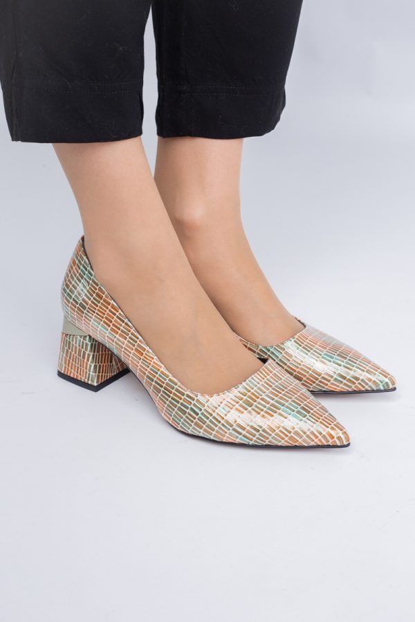 Pantofi Damă cu Toc Gros din Piele Ecologică texturată verde(BS51AY2402707) 7