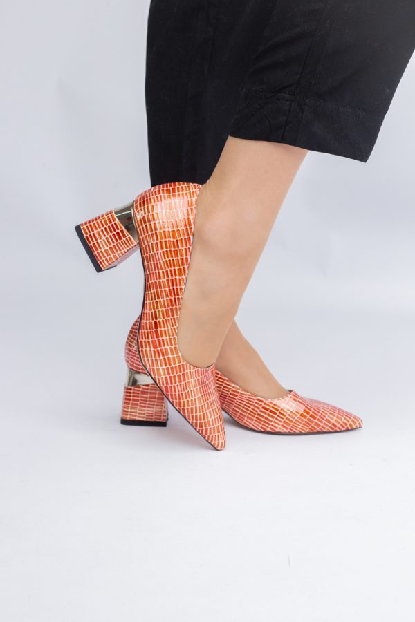 Pantofi Damă cu Toc Gros din Piele Ecologică texturată Portocaliu (BS51AY2402706) 5