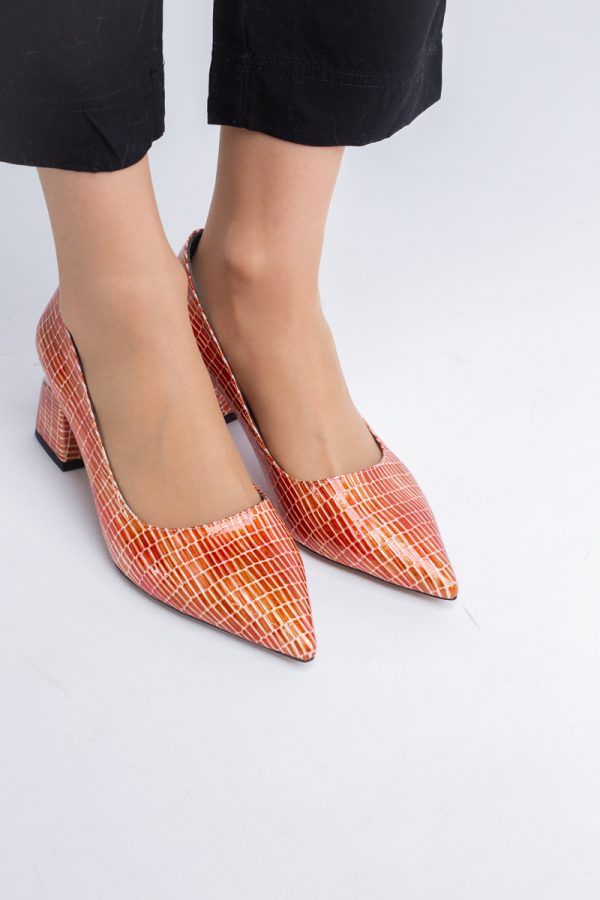 Pantofi Damă cu Toc Gros din Piele Ecologică texturată Portocaliu (BS51AY2402706) 7
