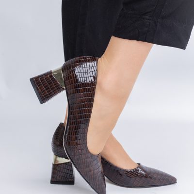 Pantofi Damă cu Toc Gros din Piele Ecologică texturată Cafeniu (BS51AY2402705)