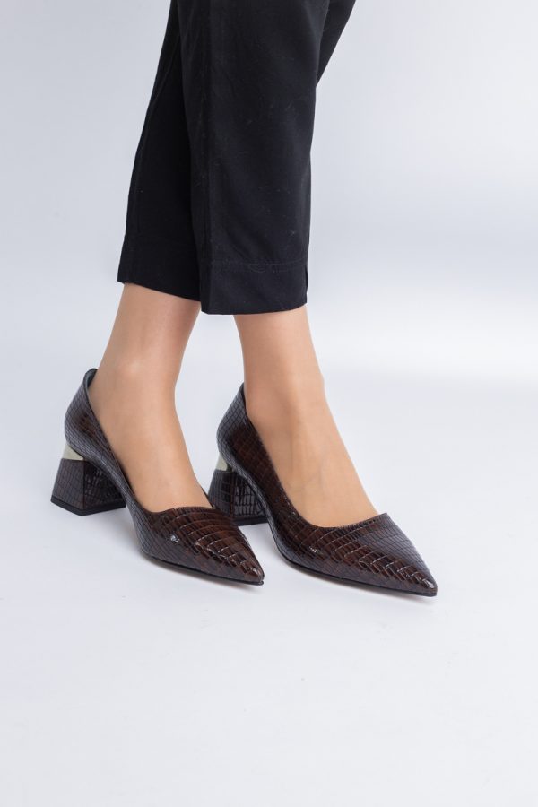 Pantofi Damă cu Toc Gros din Piele Ecologică texturată Cafeniu (BS51AY2402705) 7