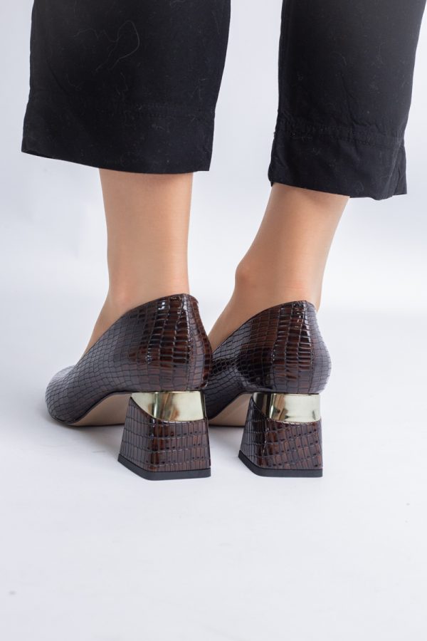 Pantofi Damă cu Toc Gros din Piele Ecologică texturată Cafeniu (BS51AY2402705) 11