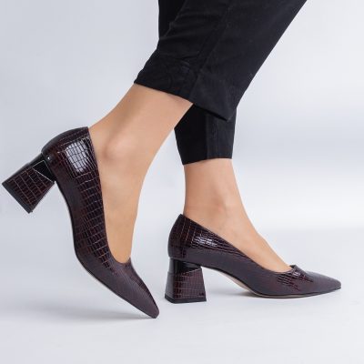 Pantofi Damă cu Toc Gros din Piele Ecologică texturată Vișiniu (BS51AY2402704)