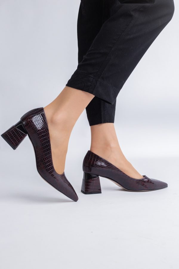 Pantofi Damă cu Toc Gros din Piele Ecologică texturată Vișiniu (BS51AY2402704) 5