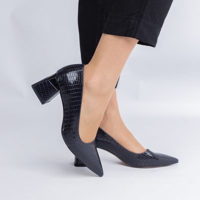 Pantofi Damă cu Toc Gros din Piele Ecologică texturată Bleumarin (BS51AY2402709)