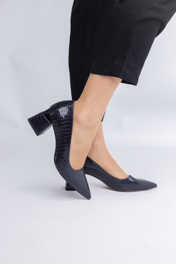 Pantofi Damă cu Toc Gros din Piele Ecologică texturată Bleumarin (BS51AY2402709) 5