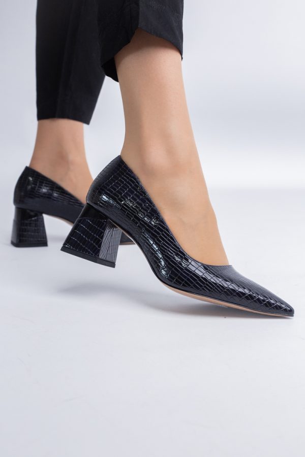 Pantofi Damă cu Toc Gros din Piele Ecologică texturată Bleumarin (BS51AY2402709) 7