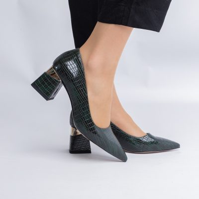 Pantofi Damă cu Toc Gros din Piele Ecologică texturată Verde petrol (BS51AY2402710)