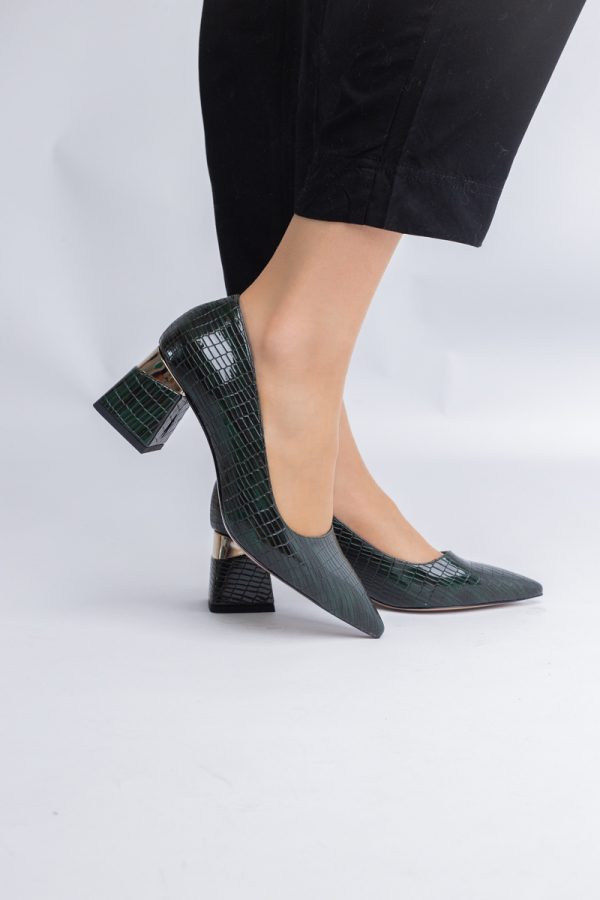 Pantofi Damă cu Toc Gros din Piele Ecologică texturată Verde petrol (BS51AY2402710) 5