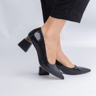 Pantofi Damă cu Toc Gros din Piele Ecologică texturată Negru(BS51AY2402708)